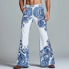 Men's Paisley Floral Print Ethnic Trousers Disco Pants 60s 70s Bell Bottoms Mid Waist Vintage Retro Outdoor Party Casual Side Pockets Flared Leg Pants Trousers