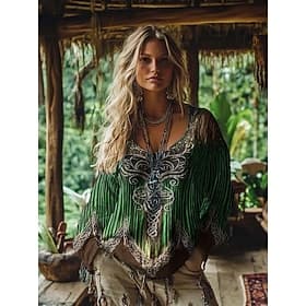 Women's Boho T-shirt Graphic Geometric Abstract Elegant Bohemia Vintage Long Sleeve V Neck Regular Tops Daily Weekend 3D Print Green Summer Spring Fall Winter