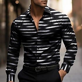 Men's Geometric Striped Gradient Color Shirt Button Up Shirt Long Sleeve Fashion Casual Outdoor Dailywear Spring Fall Turndown 3D Print Collared Shirts Black R
