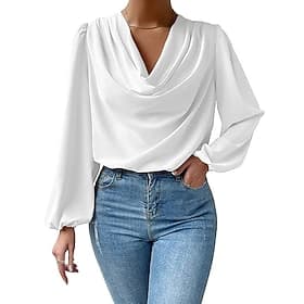 Mulheres Camisa Social Elegant Elegante Top de cetim Franzido Patchwork Com Pregas Côr Sólida Tecido Elegante Vintage Diário Manga Longa Manga lanterna Assimét