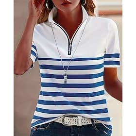 Women's Striped Quarter Zip Polo Shirt Short Sleeve High Neck Casual Tops for Summer Spring Daily Weekend Wear Multiple Colors
