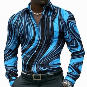 Men's Geometric Marble Abstract Liquid Art Shirt Button Up Shirt Long Sleeve Fashion Casual Outdoor Dailywear Spring Fall Turndown 3D Print Collared Shirts Blu
