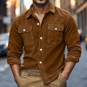 Homme Chemise en velours côtelé Noir Violet Marron Gris manche longue Uni Col Col Rabattu Occasionnel Extérieur Avec Poches Vêtement Tenue ancien Classique Occ