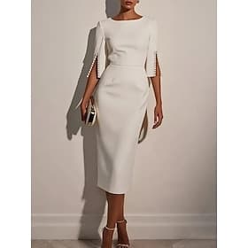 Women's Midi Dress Bodycon Dress Work Dresses Semi Formal Office Regular Fit Plain Half Sleeve Crew Neck Black White Pink Summer Spring Fall