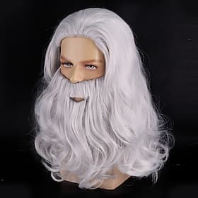 Perruque blanche longue et bouclée pour homme, avec barbe assortie, accessoire de déguisement pour homme âgé, Père Noël, magicien ou cosplay.