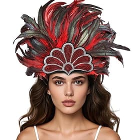 Carnival 2026Rio Carnival Samba Accessories Red and Black Feather Headdress for Women Mardi Gras Festival Dance Accessory Brazil Festival Performance Costume