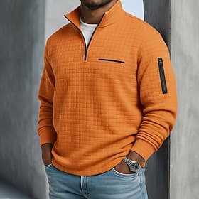 Men's Waffle Polo Shirts Textured Casual Sports Outdoor Quarter Zip Long Sleeve Fashion Comfortable Zip Up Pocket Fall Winter Spring Fall Cross-Seasons Bla