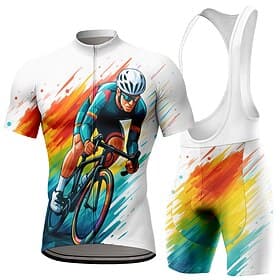 Men's Cycling Jersey with Bib Shorts Cycling Jersey Set Short Sleeve Mountain Bike MTB Road Bike Cycling Summer Navy Blue Blue Orange Geometric Letter Number