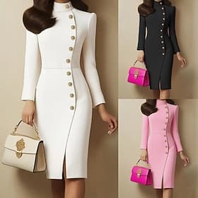 Femmes Mini Robe Robe fourreau Robe moulante Robes semi-formelles Bureau Coupe régulière Uni manche longue Col haut Noir Blanche Printemps Automne