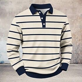 Men's Horizontal Stripes Waffle Polo Shirts Rugby Polo Long Sleeve Polo Shirts Collared Shirts Casual Sports Daily Wear Buttons Spring Fall Winter Blue Black B