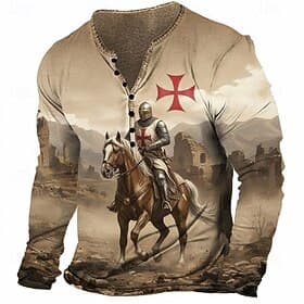 Men's Graphic Knights Templar T Shirt Henley Shirt Tee Long Sleeve Vintage Designer Stylish Casual Daily Outdoor Spring Summer Spring Blue Brown Red Henley He