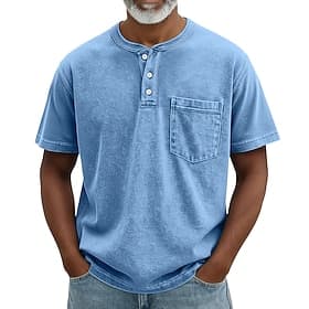 SoftFade™ Herren Henley Shirt 100% Baumwolle Acid Wash Shirt T-Shirt Tee Kurzärmelig Retro Vintage Lässig Knopf Verschluss Tasche Garment Dyed Sommer Frühling