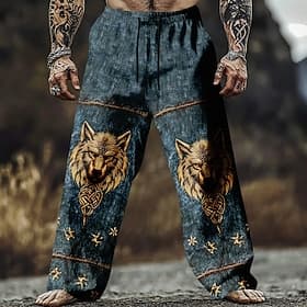 Men's Wolf Viking Celtic Art Trousers Casual Pants Baggy Pants Mid Waist Vintage Retro Casual Outdoor Elastic Drawstring Waist Linen-Like Pants with Pockets Sp
