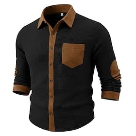 Herren Hemd Waffelhemd Freizeithemd Vintage-Shirt Knopfhemd Schwarz Marineblau Grün Grau Langarm Texture Revers Lässig Täglich Farbblock Bekleidung Mode Modern