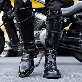 Men's Black Faux Leather Motorcycle Boots with Straps – Sleek and Rugged, Ideal for Bikers and Everyday Casual Wear