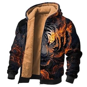 Voor heren Tijger 3D Fleece Trui met capuchon Jack Sweatshirt Klassiek Fantasie Strakke ronde hals Buiten Kamperen Zwart Donkerblauw Rits omhoog Herfst Winter