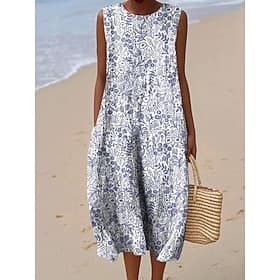 Damen Midi Kleid Leinenähnliches Sommerkleid Shift Kleid A-Linien Kleid Urlaub Freizeit Boho Party Ausgehen Strand Lockerer Schnitt Floral Grafisch Ärmellos Ru