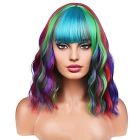 Perruque de carnaval Rouge Bleu Violet Bouclé Court Perruque synthétique de festival Mardi Gras Parade Coiffure de costume de cosplay pour Femmes