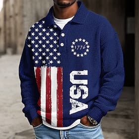 4. Juli 2026 250. Herren Amerikanische US-Flagge Polo Textur Langarm Polo-Shirts Revers Lässig Athleisure Alltagskleidung 3D-Druck Frühling Herbst Winter Blau