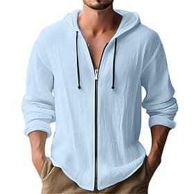 Herren Hemd Sommerhemd Freizeithemd Strandhemd Dunkelbraun Weiß Marineblau Himmelblau Kaki Langarm Einfach Mit Kapuze Lässig Täglich Reißverschluss Bekleidung