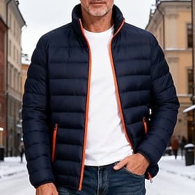 Men's Puffer Jacket Padded Pocket Polyster Outdoor Casual Daily Regular Fashion Streetwear Thermal Warm Winter Solid Color Blue Black Dark Blue Puffer Jacket