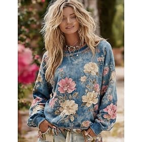 Femmes Sweatshirt Pull Fleuri Occasionnel manche longue Col ras du cou Hauts Réguliers Occasionnel Rue Tenue Quotidienne Bleu Violet Gris Printemps Automne Hiv