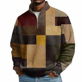 Voor heren Geometrisch Ruitjes Wafelstof Sweatshirt Modieus Dagelijks Klassiek Casual Opstaand Kwart ritssluiting Buiten Huis Kantoor Werk blauw Bruin Groen Gr