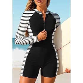Women's Rash Guard One Piece Surfing Suit Bathing Suit Geometric Stripes Color-blocking Zip Up with Built in Bra Removable Pad UV Sun Protection UPF50 Ultra L