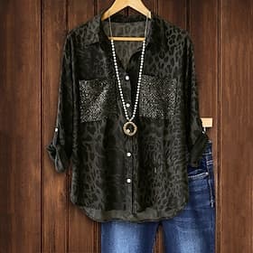 Women's Blouse Sequin Tops Sequins Buttons Leopard Vintage Stylish Long Sleeve Shirt Collar Regular Tops Daily Holiday Going out Black Spring Fall