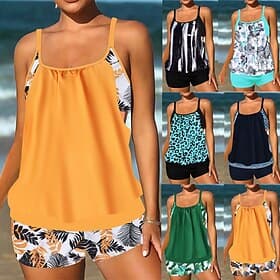 Women's Swimwear 2 Piece Shorts Swimsuit Patchwork Backless Vacation Beach Wear Floral U Neck Sleeveless Bathing Suits