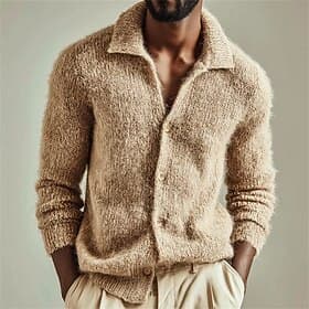 Men's Sweater Cardigan Sweater Ribbed Knit Regular Tops Knitted Plain V Neck Vacation Fashion Casual Daily Wear Clothing Apparel Fall Winter Spring Fall kha