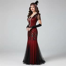 Set Roaring 20s 1920s Ankle Length Dress Evening Dress Outfits with Accessories Short Sleeves The Great Gatsby Plus Size Wedding Guest Tassel Fringe Tassel V N