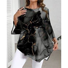 Women's T Shirt Summer Tops Patchwork Print Asymmetrical Graphic Striped Abstract Elegant Tropical Fashion Long Sleeve Crew Neck Regular Tops Daily Going out W