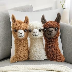 Vintage Style Alpaca Trio Pillow Covers with 2D Flat Print 18x18 Inches Cute Animal Design Decorative Cushion Covers for Living Room Bedroom Sofa Accents