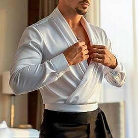 Hombre Camisa Como la seda Camisa de raso Camisa para Vestido Camisa casual camisa de baile Plano Formal Boda Negro Blanco Manga Larga Escote en Pico Todas las