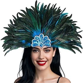 Carnaval 2026 Accessoires de Carnaval de Rio Samba Coiffe en Plumes Bleues et Vertes Paon pour Femmes Accessoire de Danse au Festival de Mardi Gras Costume de