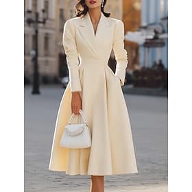 Women's Midi Dress Blazer Dress A Line Dress Work Dresses Semi Formal Office Regular Fit Plain Long Sleeve Shirt Collar Black White Navy Blue Apricot Spring Fa