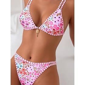 Damen Bikini 2 teiliges Badeanzug Cheeky Slim Rückenfrei Urlaub Strandbekleidung Floral V-Ausschnitt Ärmelloses Badeanzug