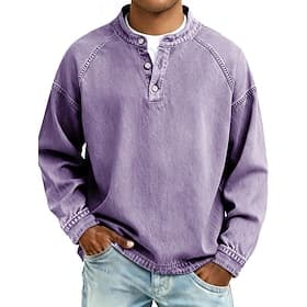 Men's T Shirt Henley Shirt 100% Cotton Acid Wash Shirt Tee Top Long Sleeve Plain Vintage Streetwear Casual Washed Raglan Sleeves Stand Collar Henley Casual Hom