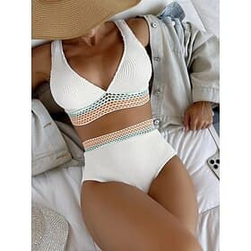 Damen Bikini 2-teiliges Badeanzug Slips Bauchkontrolle Hohe Taille Schlank Rückenfrei Urlaub Strandbekleidung Einfarbige V-Ausschnitt Ärmellose Bademode