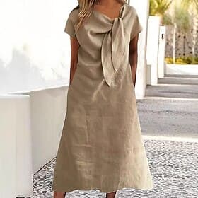 robe midi femme, robe en coton, robe fourreau, robe trapèze, robe d'été, robe à volants, style décontracté, coupe ample, manches courtes, col rond, jaune fluo,