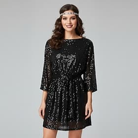 Années Folles Années 1920 Mini Robe Robe de cocktail Manches courtes Gatsby le Magnifique Paillettes Col Rond Déguisement Femmes Soirée Mariage Fête / Soirée A