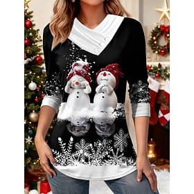 Christmas Women's T Shirt Buttons Print Asymmetrical Graphic Snowman Snowflake Stylish Casual Long Sleeve V Neck Regular Tops Daily Blue White Yellow Wine Red