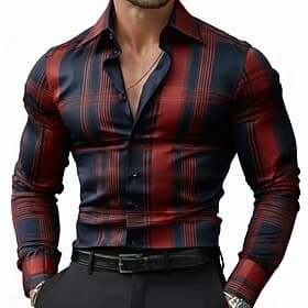Men's Geometric Grid / Plaid Shirt Satin Shirt Dress Shirt Long Sleeve Business Casual Vacation Dailywear Summer Spring Fall Turndown 3D Print Button Up Shirts