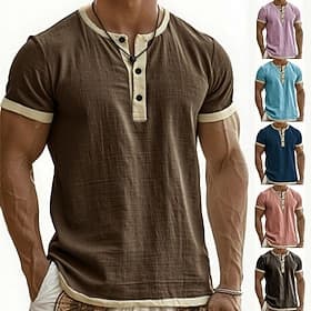 Men's T Shirt Henley Shirt Tee Short Sleeve Shirt Short Sleeve Henley Summer Spring Color Block Fashion Designer Basic Patchwork Vacation Street Going out Blue