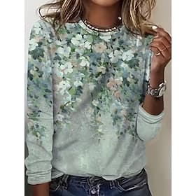 Women's T Shirt Print Floral Graphic Plants Fashion Casual Long Sleeve Crew Neck Round Neck Regular Tops Daily Weekend Blue Purple Green Summer Spring Fall