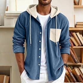 Men's Shirt Casual Shirt Corduroy Shirt Button Up Shirt Hooded Shirt Blue Black Green Long Sleeve Solid Color Hooded Casual Daily Pocket Clothing Apparel Fashi