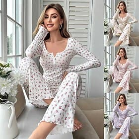 Mulheres Conjunto de Pijama Casual Conforto Floral Cintura elástica Calça Casa Diário Manga Longa Decote U Branco Amarelo Rosa Roxo Primavera Outono Normal