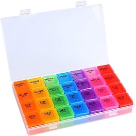 Weekly Pill Box Organiser, Small Pill Box 7 Day 4 Times A Day, BPA Free Travel Pill Boxes, Cod Liver Oil, Pill Organiser with 28 Copartments to Hold Plenty of