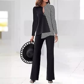 Damen Hosen-Sets Bolero-Oberteil Langarm V Ausschnitt Gestreift Mode Streetwear Lässig Täglich Outdoor Schwarz Frühling Lässiger Schnitt